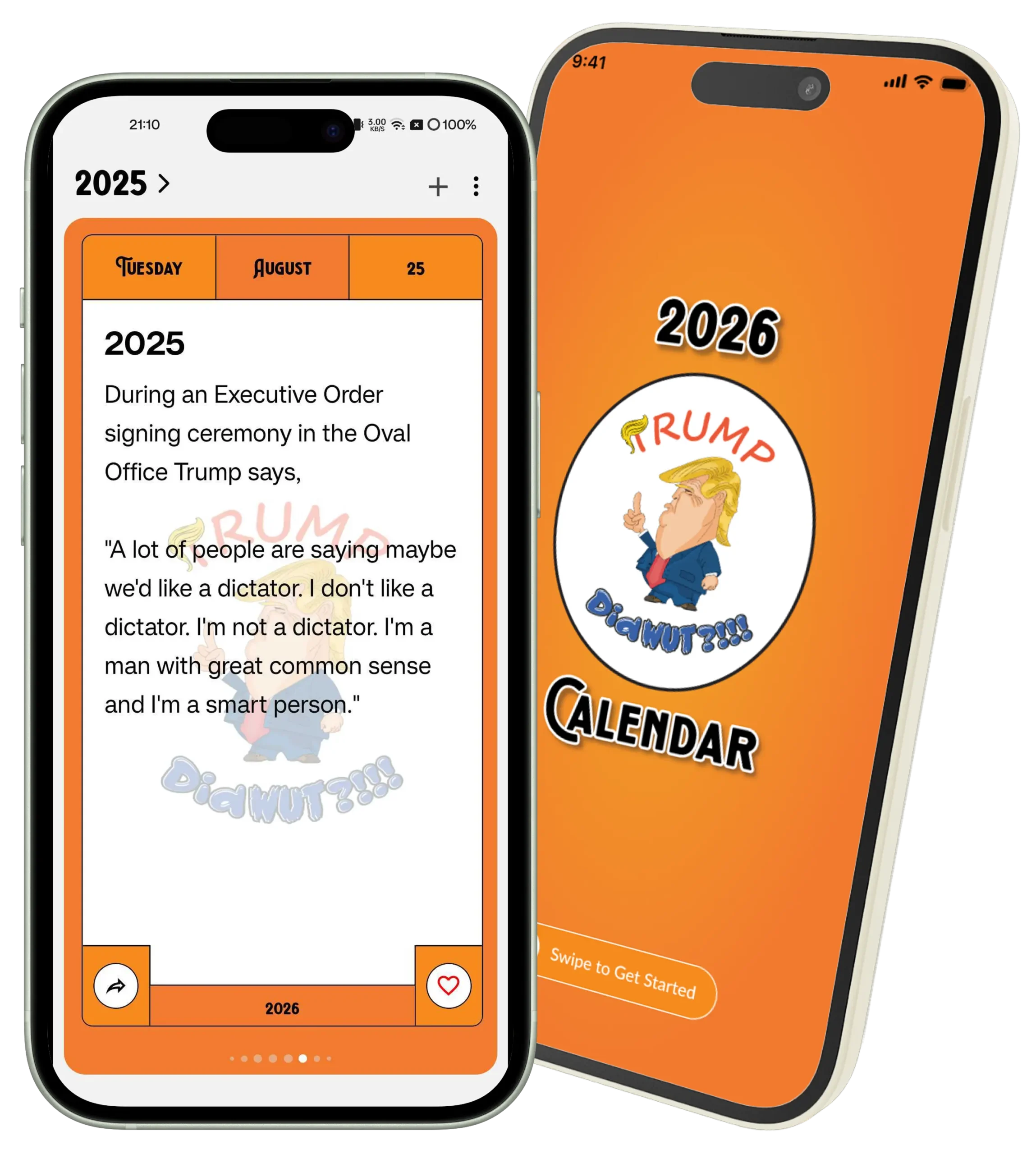 Trump Did WUT?!!! mobile app showing a daily fact-checked Trump WTF and Splash Screen.